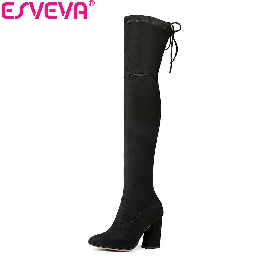 En Ligne ESVEVA 2018 Femmes Bottes Troupeau Sur Le Genou Bottes Bout Rond Femmes Bottes Dames Partie Tronçon Ouest Tissu Bottes Grand taille 34 43