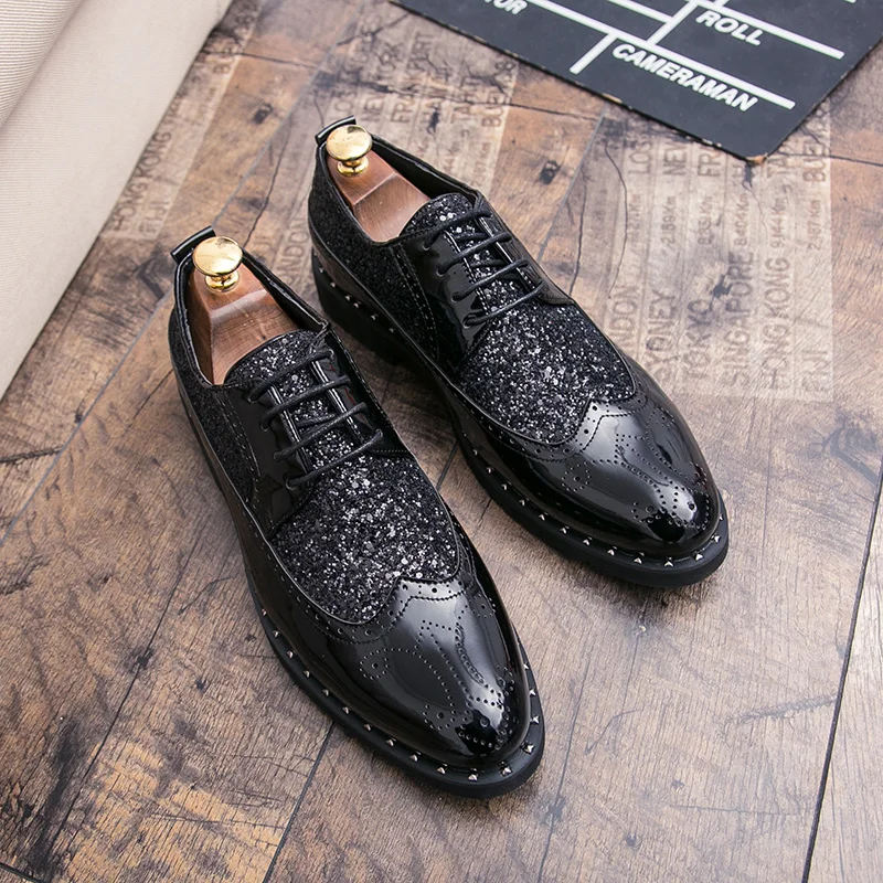 mens fashion shoes luxury brand rhinestones italian patent leather shiny wedding ballroom cool gold brogue oxford shoes for men (29)