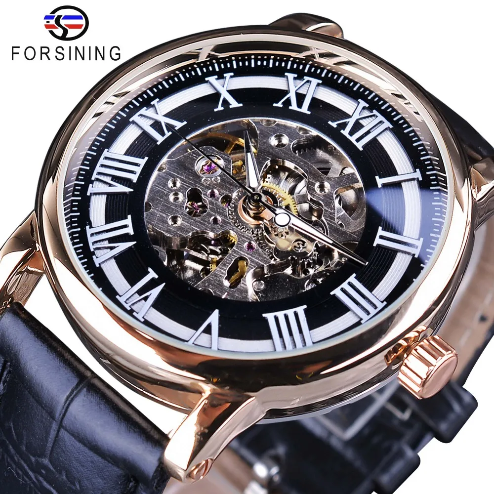 

Forsining Transparent Roman Number Men Watches Top Brand Luxury Automatic Skeleton Wristwatch Male Clock Leather Creative Watch
