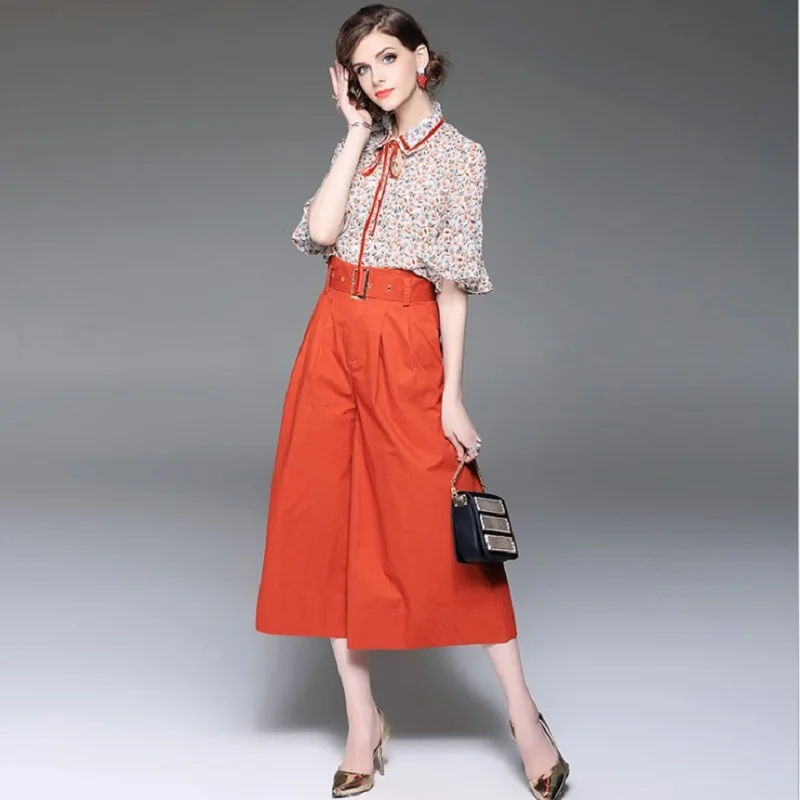Vrouwen Sets Zomer Korte Mouw Chiffion Bloem Print Shirts en Wijde Pijpen Broek Tweedelige Sets 2019 Office Lady elegante Sets Vrouwen Sets Zomer Korte Mouw Chiffion Bloem Print Shirts en Wijde Pijpen Broek Tweedelige Sets 2019 Office Lady elegante Sets