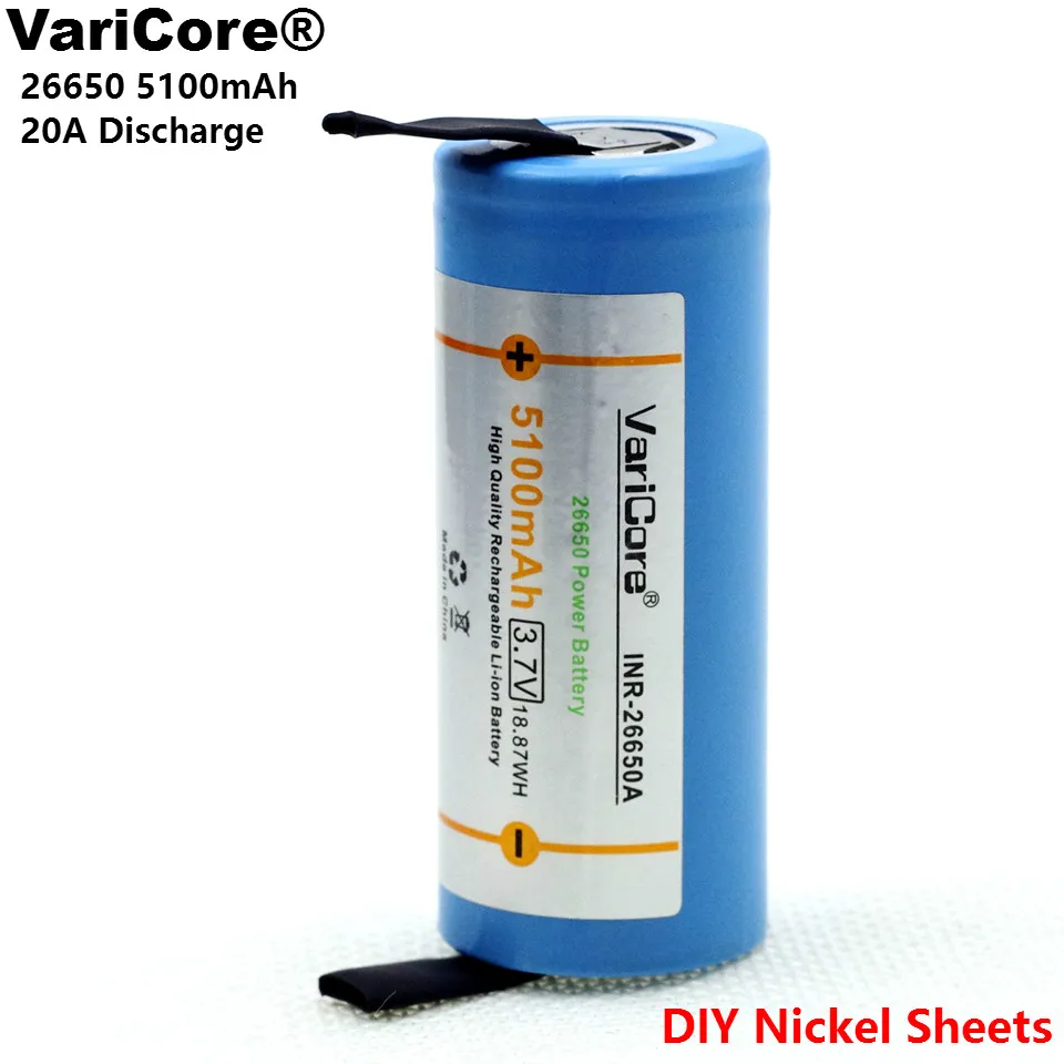 VariCore 26650 5100mAh литий-ионная 3,7 v аккумуляторная батарея разряда 20A 3,6 V батареи питания+ DIY никелевые листы