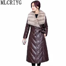 Зимний женский пуховик, модная куртка из искусственной кожи, длинное приталенное пальто для женщин, воротник из искусственного меха норки размера плюс 4xl Q118