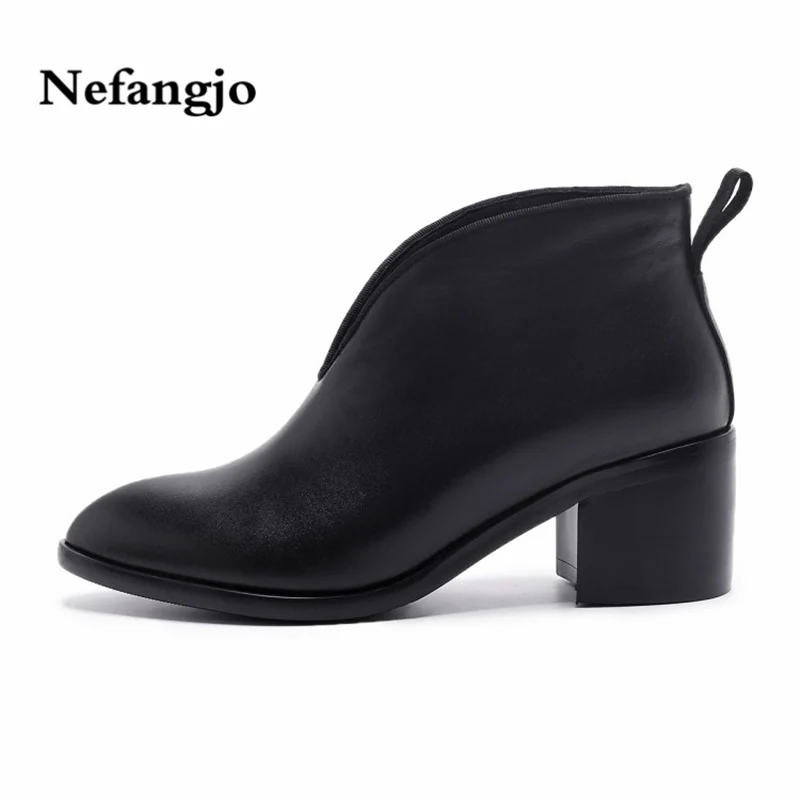 

Nefangjo 2018 leather thick-heeled bootie female pointed boots martin boots short tube and bare boots