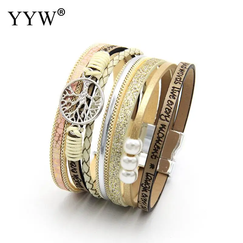 Кожаный браслет для женщин Мода Дерево жизни дамы богемные Многослойные широкий браслет обруча женские ювелирные изделия Pulseras Mujer