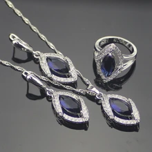 Clásicos de Ley 925 Astilla Azul Creado Zafiro Topacio Blanco Sistemas de La Joyería Para Las Mujeres Collar Colgante Pendientes Anillo de Caja Libre