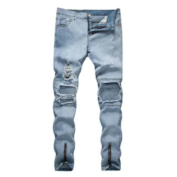 

Men Stretchy Ripped Skinny Biker Embroidery Print Jeans Destroyed Hole Taped Slim Fit Denim Scratched High Quality Jean
