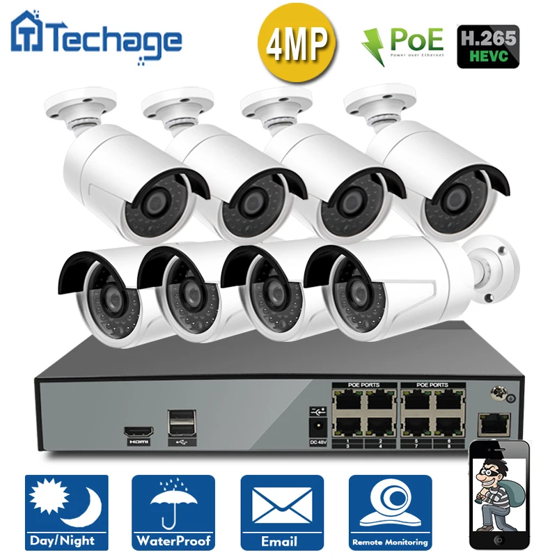 Techage H.265 4K 8CH POE NVR CCTV System 8PCS 4.0MP 2592*1520 IP Camera IR Night Vision Outdoor Video Security Surveillance Kit