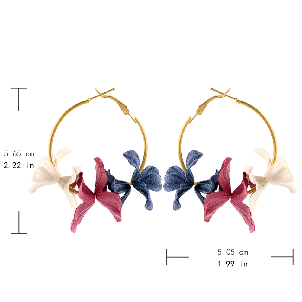 Модная цветочная ткань круглый Круглый обруч серьги для женщин синий розовый серый цвет Красочные Девушка раздавить вечерние золотые металлические цвета Brincos