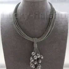 Горячая Распродажа стиль> Чокер 1" 15 ряд 14 мм серый жемчуг серый кожа ожерелье магнит застежка j9572