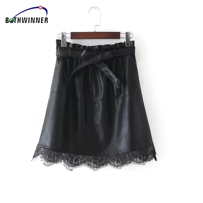 Женская короткая юбка Bothwinner Parperbag кружевная кожаная с высокой талией и карманами