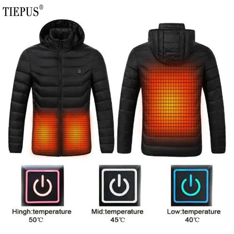 

TIEPUS USB Heating Jacket Men Smart Thermostat Hooded Heated Clothing Men's Waterproof Skiing Hiking Windbreaker Jacket