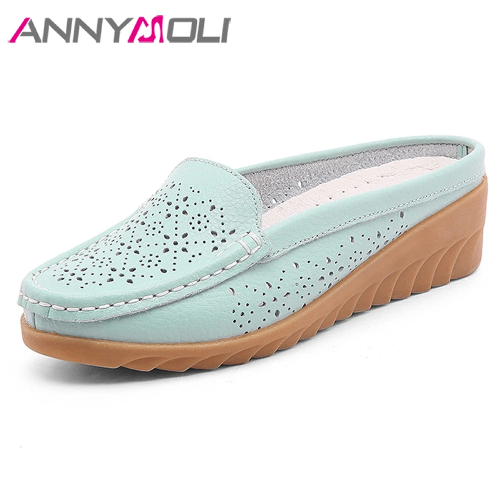 

ANNYMOLI Women Mules Shoes Summer Flats Natural Genuine Leather Wedge Heel Shoes Cutout Round Toe Sandals Ladies White Size 5-9