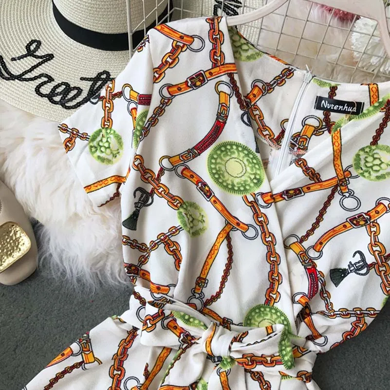 Chic Romper Women Casual Jumpsuit Printed Rompers Summer V-Neck Overalls For Women Combinaison Femme Chic Romper Women Casual Jumpsuit Printed Rompers Summer V-Neck Overalls For Women Combinaison Femme