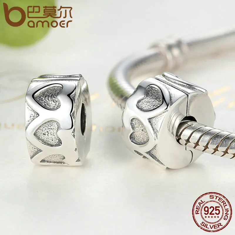 BAMOER Fashion 925 Sterling Silver Row Of Hearts Romantic Love Clip Charms fit Bangles & Bracelets Women DIY Accessories PSC033