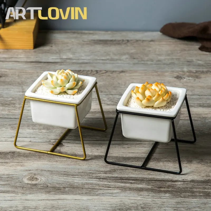 

Modern Gold New Flower Pot and Nursery Pots Creative Designs with Metal Frame Support Artificial Flower and Plant Ceramic Holder
