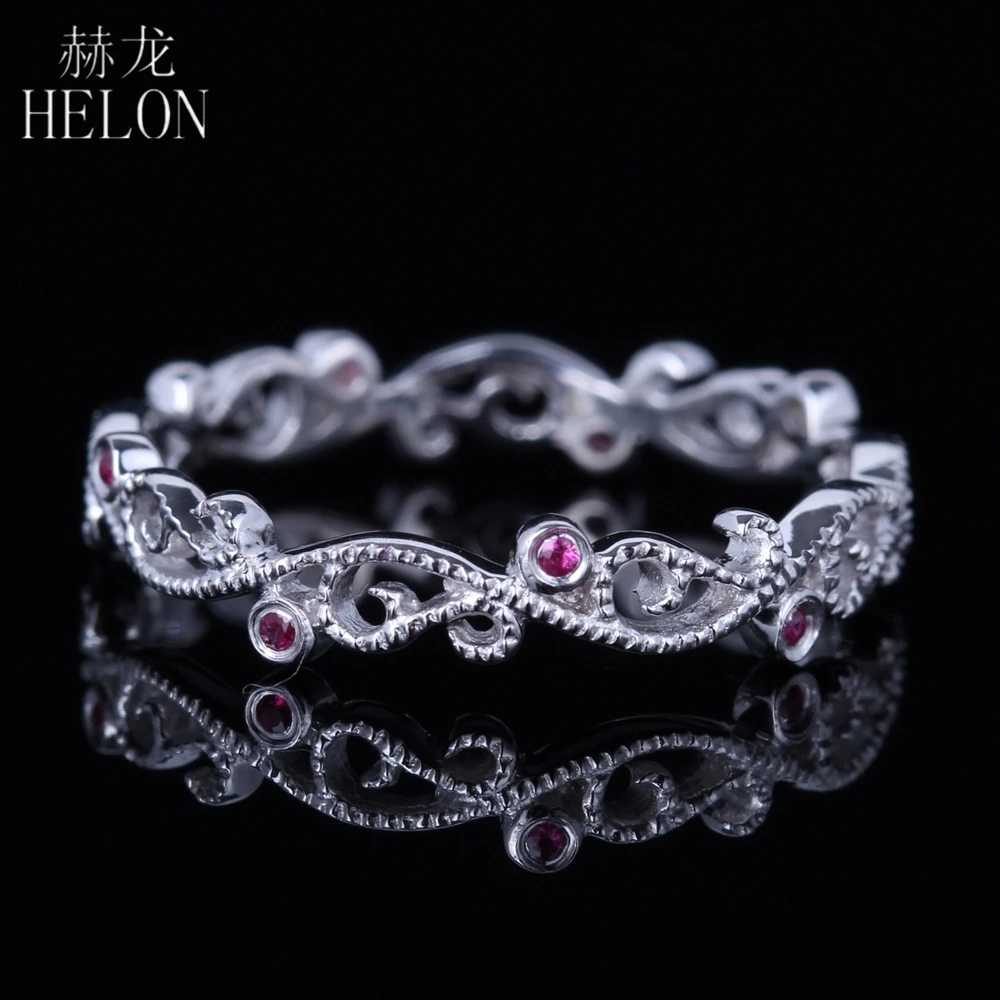 

HELON Filigree Ring Solid 10k Gold Engagement Wedding Rubies Band Eternity Styly Exquisite Ring Women's Gemstones Jewelry Ring