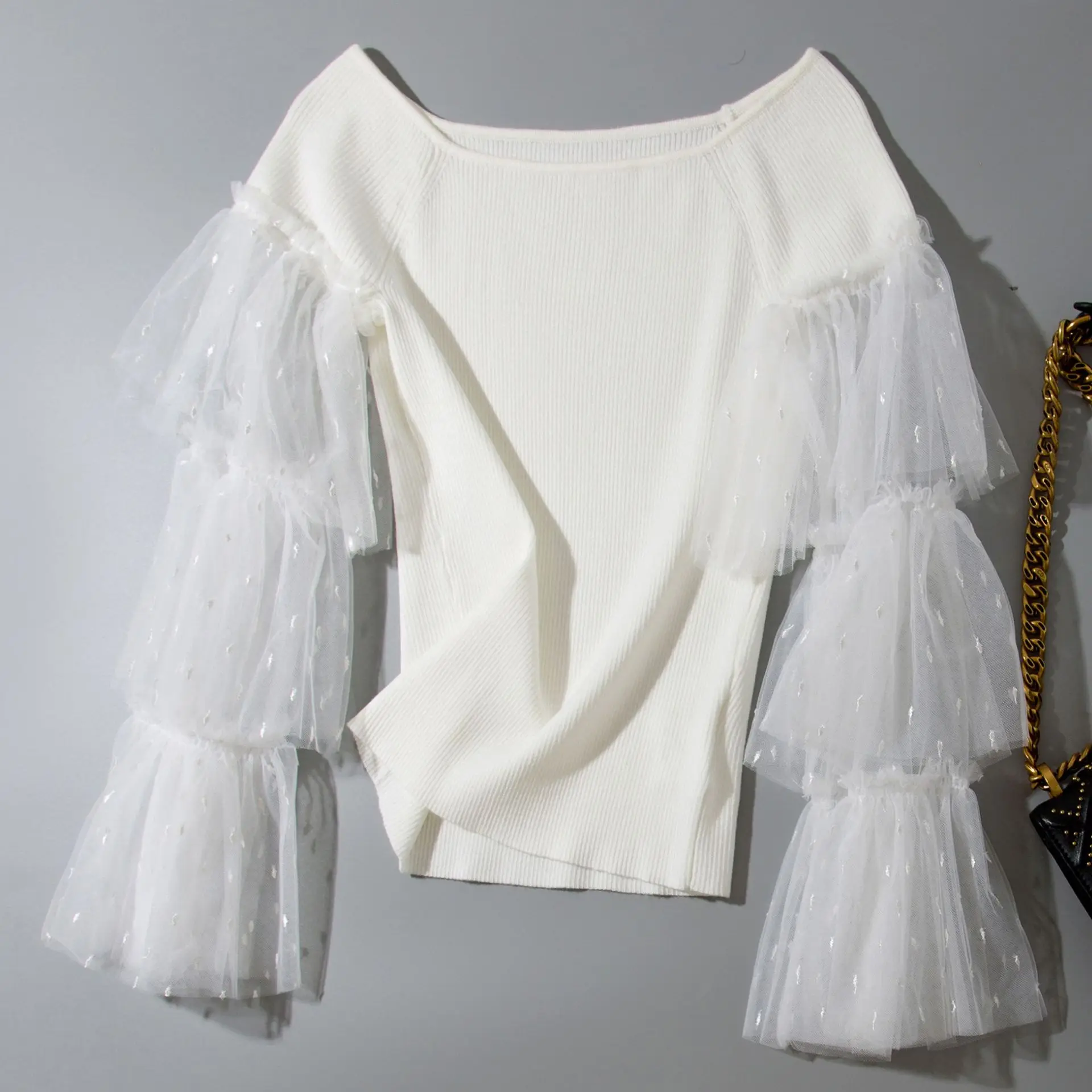 Solid mesh patchwork elastic knit sweater shirts 2018 new flare sleeve slash neck women autumn short sweater 