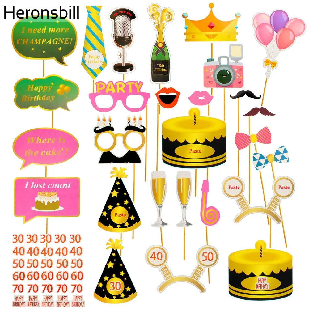 

Heronsbill 24pcs 30 40 50 60 70 Happy Birthday Photobooth Props 30th 40th 50th 60th Years Party Photo Booth Decorations Adult