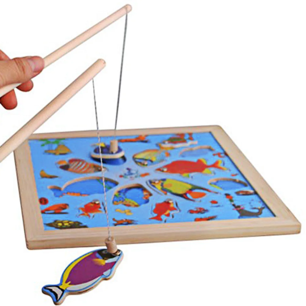 1Set Fishing Toy Board Cartoon Wooden Fishes Rod Fishing Toy Educational Fish