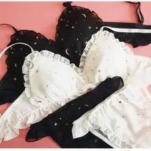 Комплект японского бюстгальтера и трусиков с золотым принтом звезды и Луны, шифоновое мягкое нижнее белье без проволоки, комплект нижнего белья для сна, милая Лолита