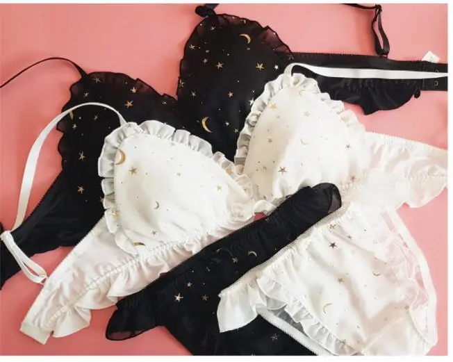 

Star & Moon Golden Print Japanese Bra & Panties Set Wirefree Chiffon Soft Underwear Sleep Intimates Set Cute Lolita