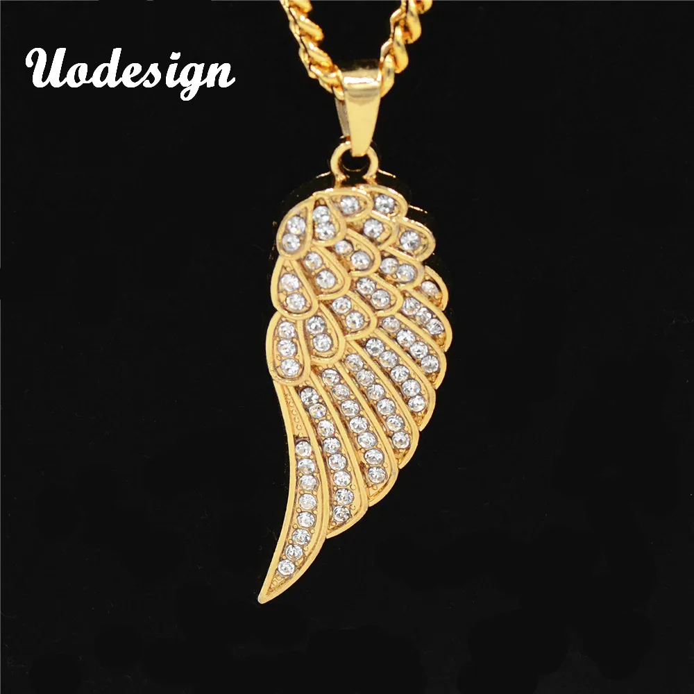 

Uodesign HIP Hop Iced Out Bling Full Rhinestone Angel Wings Men Pendants Necklaces Gold Color Alloy Feather Necklace