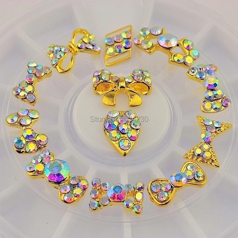 

12 PCS Alloy Glitter Nail Art Bow Tie White AB Nail Decoartions Rhionestone Wheel Metal Nail Bow-knot Design Tools