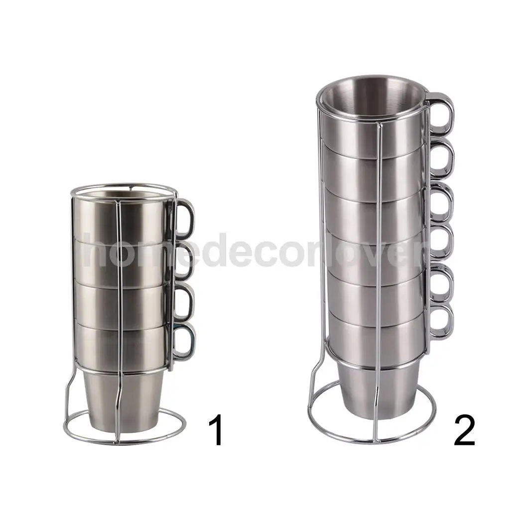 Stainless Steel Cup Double Wall  Tea Coffee Mug Unbreakable 6Mugs and Holder