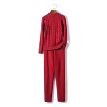 2018 Real Wool Full New Cashmere Two-piece Fashion Thread Woven Thickening Thin Sweater Knit Trousers 2 Piece Suit Woman 