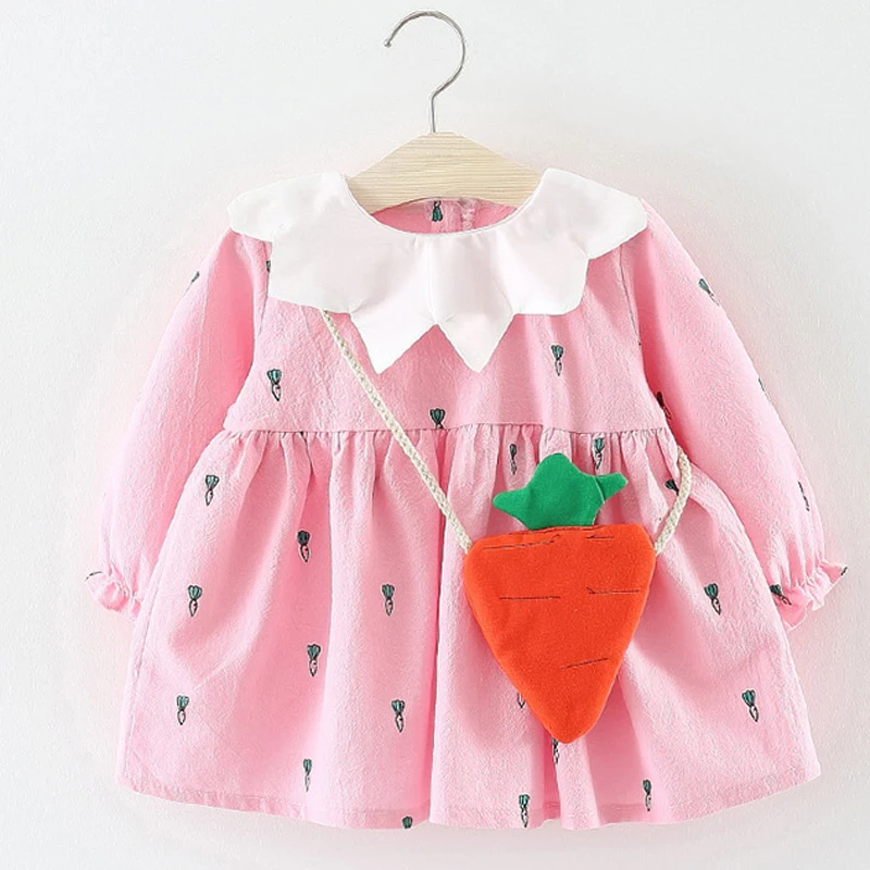 

Baby Dresses 2019 Autumn New Baby Girl Clothes Long Sleeve Dress+Cute Radish Bag Princess Baby Clothing Kids Clothing
