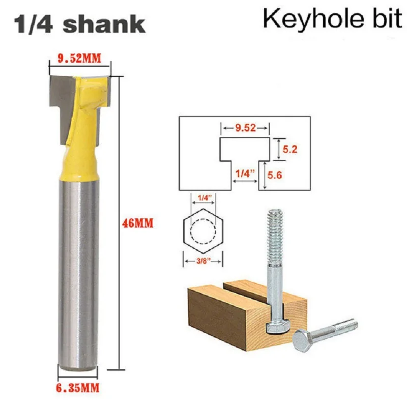 

1pc 6.35mm 1/4" Shank T-Track Slotting & T-Slot Keyhole Cutter Wood Router Bit Steel Handle 3/8'' & 1/2'' Length Cutter For Wood