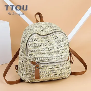 

TTOU Fashion Straw Women Backpack Mini Weave Hollow Summer Beach Bag Schoolbag for Teenage Girls Small Travel Bag Rucksack