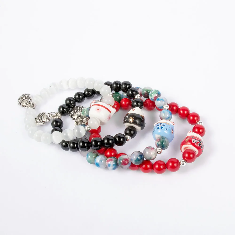 

2019 New Women Bracelets Porcelain Beaded Bracelet Natural Stone Beads Bracelet Ceramic Lucky Cat Cute Jewelry Gifts