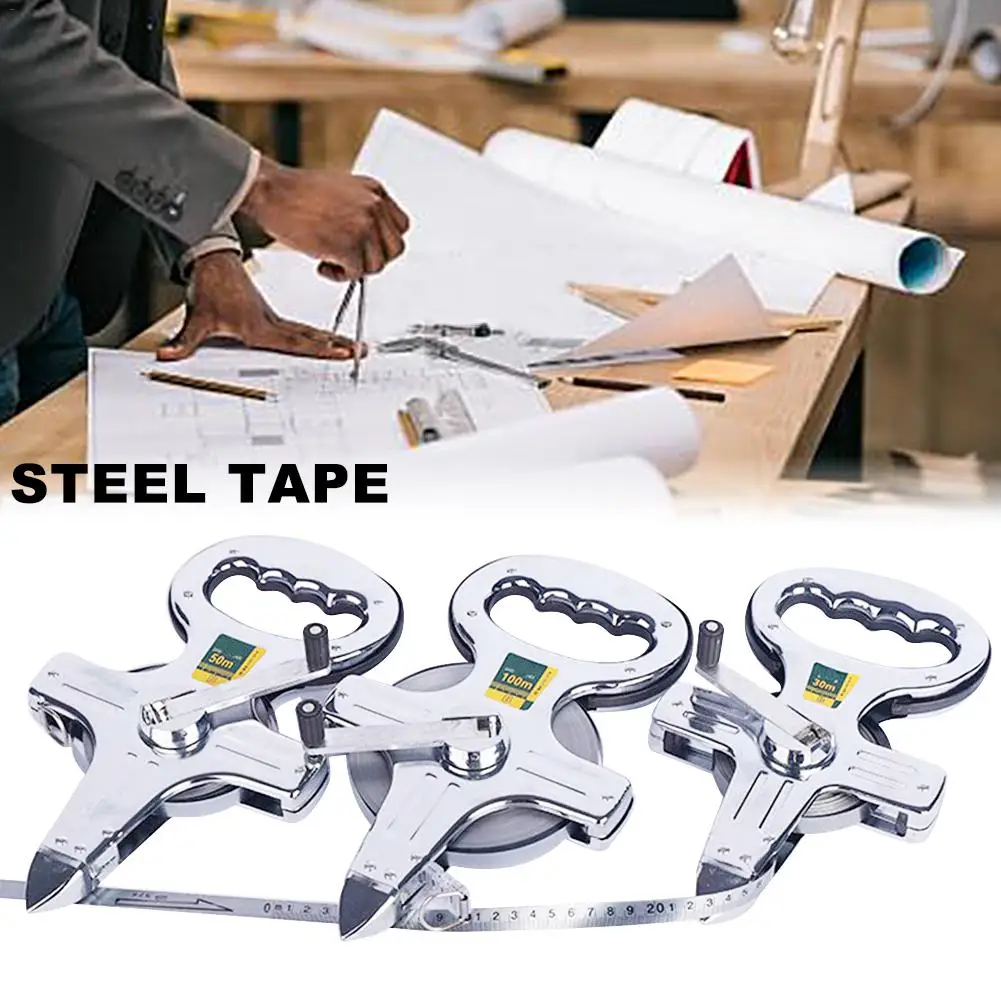 

30/50/100 Meters Portable Stainless Steel Shelf Ruler Thick And Durable Hand Crank Steel Frame Ruler Steel Tape Measure