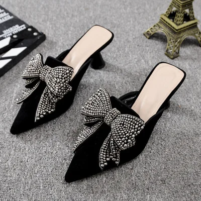 

Baotou half slippers female summer high heel 2019 new wild fashion bow pointed thick with sandals