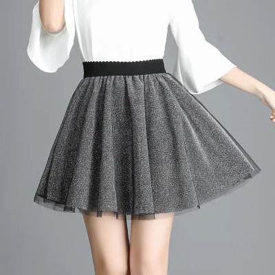 

2019 New Women Tutu Pleated Bow Knot Umbrella Skirt Metal color Mesh Gauze Mini Tulle Black Lace Mini Skirts