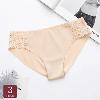 

Sexy Lace Patchwork Women Panties Seamless Ice Silk Low Waist Ladies Underwear Solid Color Female Underpants Briefs 3Pcs/Lot