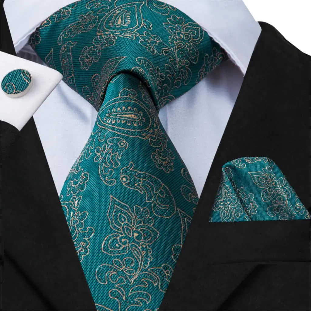 Hi-Tie Famous Brand Jacquard Woven Necktie For Men Luxury Style 100% Silk Top Quality Tis Pocket Square Cufflinks Set C-3031