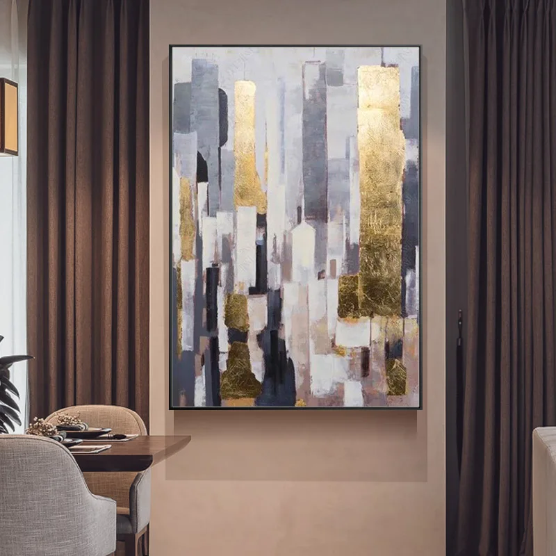 

modern abstract oil painting gold foil light luxury living room villa model room huge vertical hand-painted decorative paintings