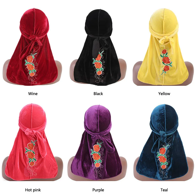

2019 New Rose Flower Embroidery Velvet Durag Cap for Men Women Solid Color Headwraps with Long Tail Du-rag Waves Turban Hat