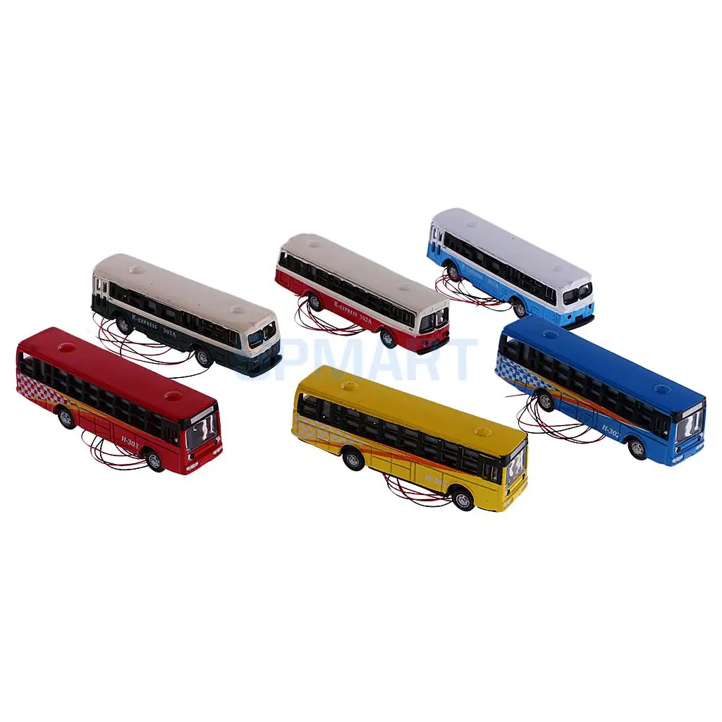 6 Pieces Lighted Model Bus Cars Diecast 1/150 Scale Diorama Train Railway Building Scenery Layout