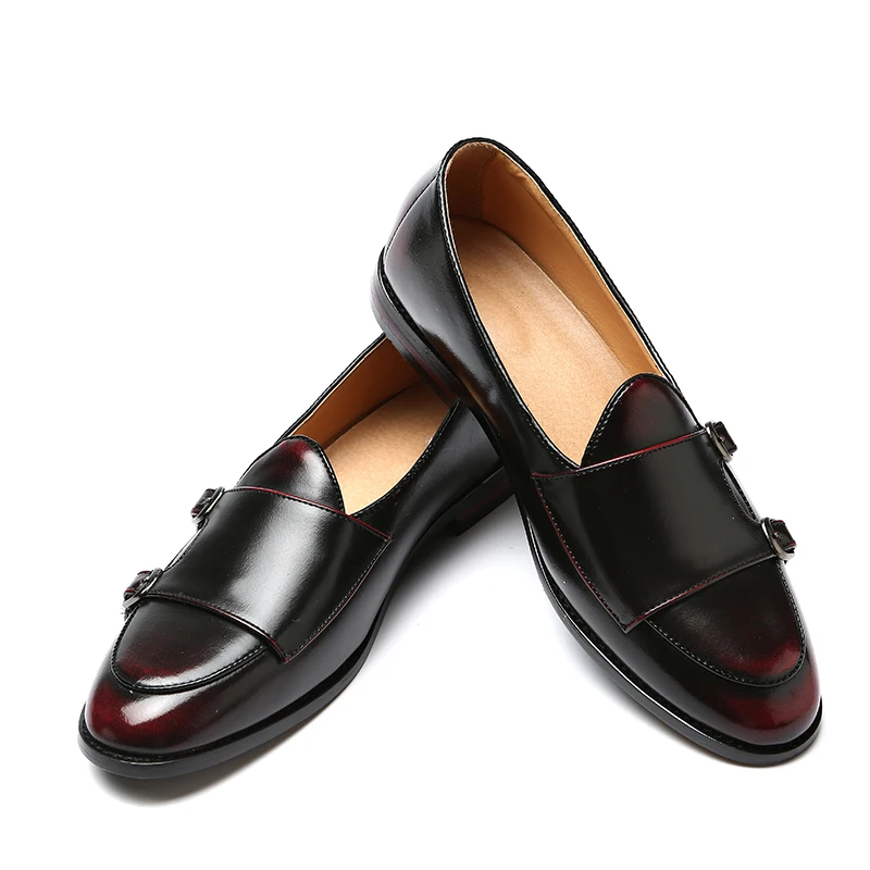 

2019 Runway Vintage Style Men Genuine leather Loafers Luxury Slip-on Buckle Monk Shoes Men Business Dress Shoes Plus Size 37-48