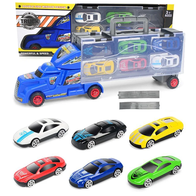 

40cm Plastic Diecast Truck Hauler with 6 Mini metal Alloy car Toy Compatible with disneyingly series car Toy for children Moto