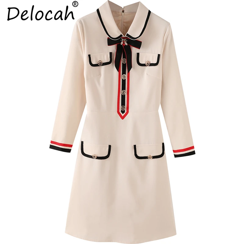 

Delocah New 2019 Women Spring Summer Dress Runway Fashion Designer Bow Tie Butterfly Appliques Elegant Vintage Ladies Dresses