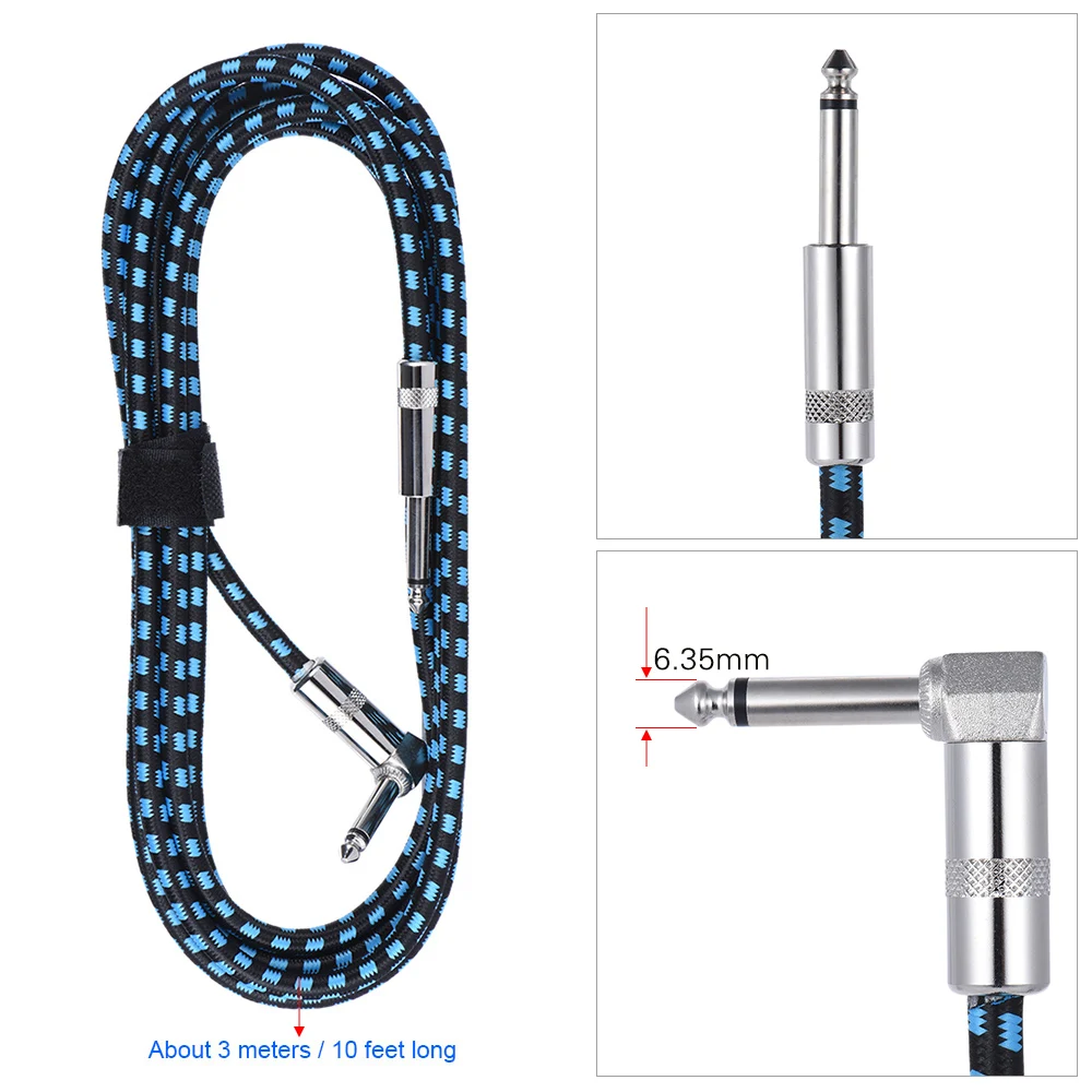 Ammoon 3 м/10 футов гитарный кабель прямой на правый угол 1/4 дюйма 6,35 мм разъем с голубой твидовой тканой курткой аксессуары для гитары