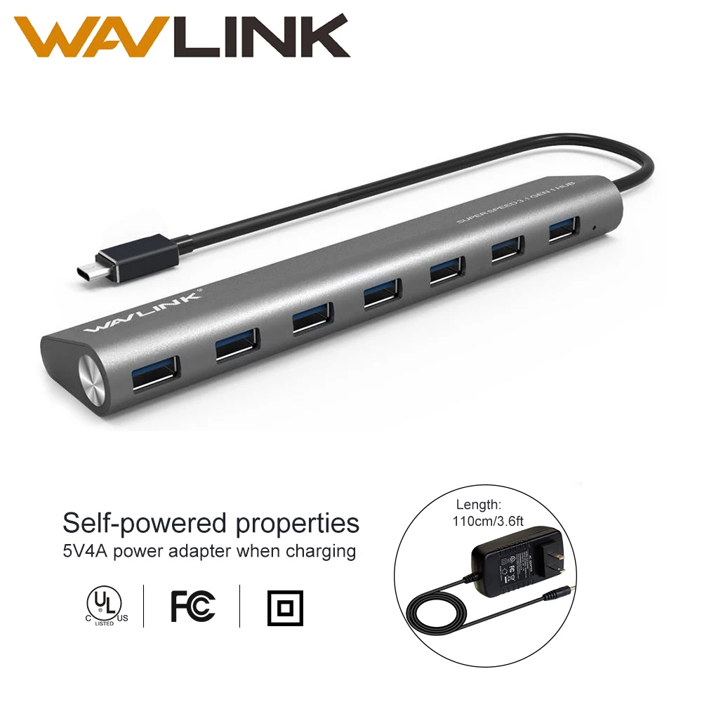 Wavlink USB 3,1 Тип-C кабель Алюминий до 7-Порты и разъёмы USB 3,0(USB 3,1 Gen 1) Данные USB хаб для портативных ПК компьютер с четырехъядерным процессором 5V 4A Мощность адаптер