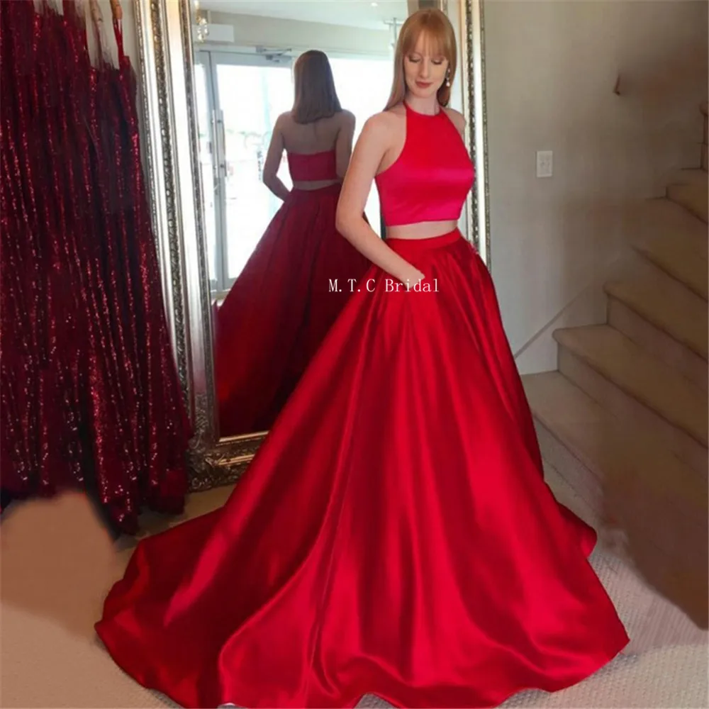 

Custom Made Red Satin 2 Piece Prom Dresses Backless Halter A Line Pockets Sweep Train Long Formal Occasion Dress 2019 Cheap