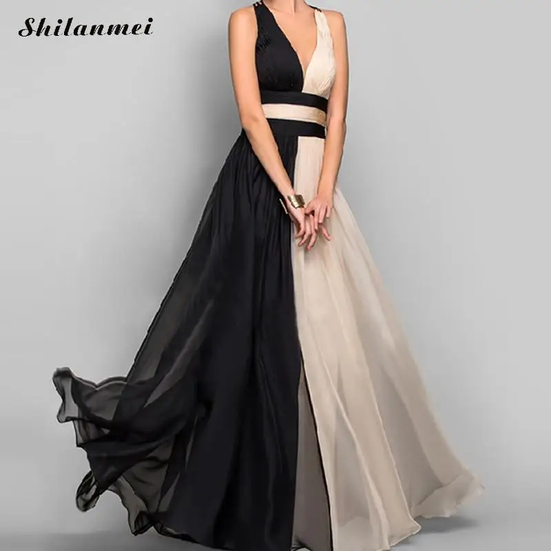 

Women Summer Dress Sexy Backless Elegant Long Party Dress Patchwork Robe Ete 2018 Femme V Neck Halter Long Maxi Dress Vestidos