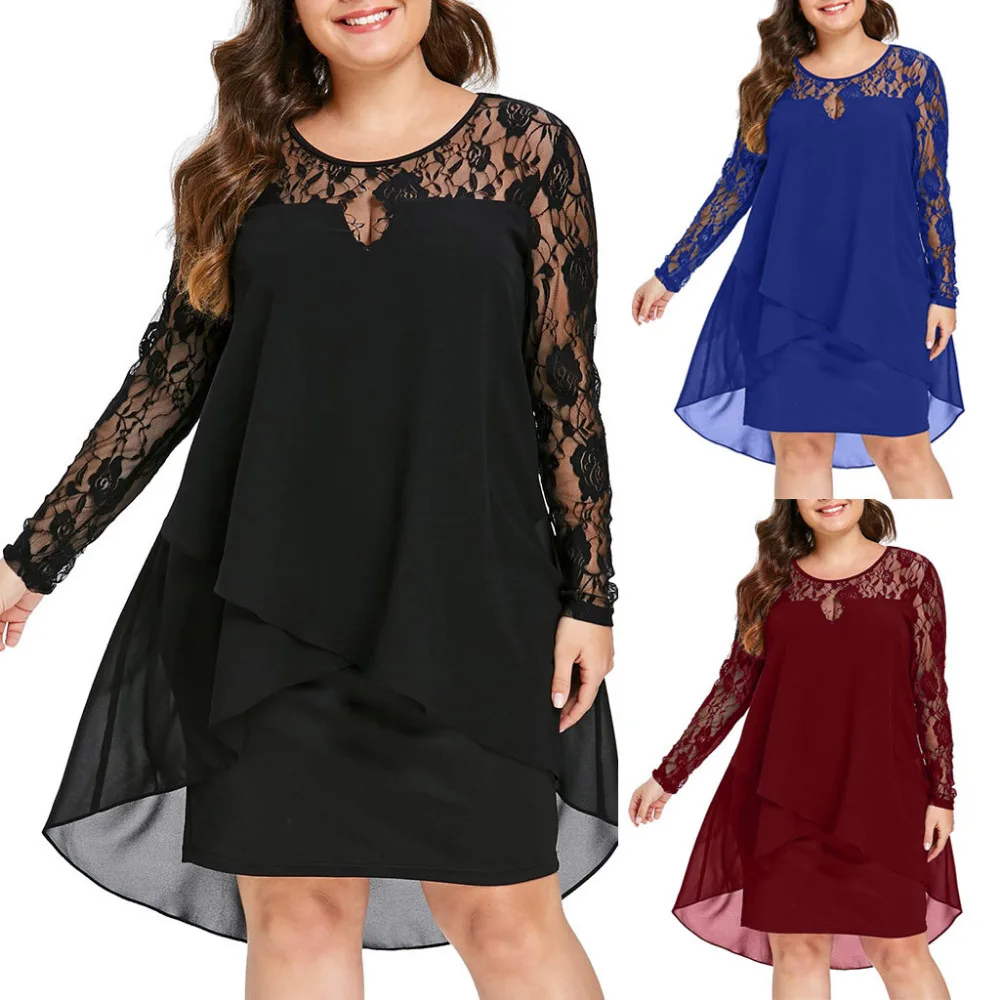 

Fashion Women Casual Plus Size Sheer Lace Sleeve High Low Hem O-Neck Swing Dress