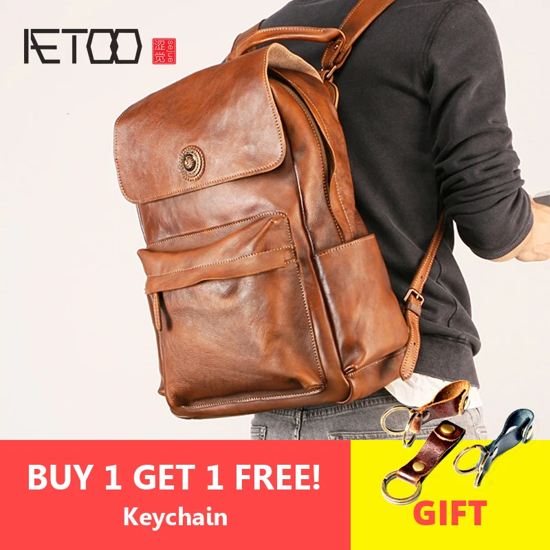 

AETOO Men's leather backpack, retro fashion large-capacity backpack, business and leisure travel bag